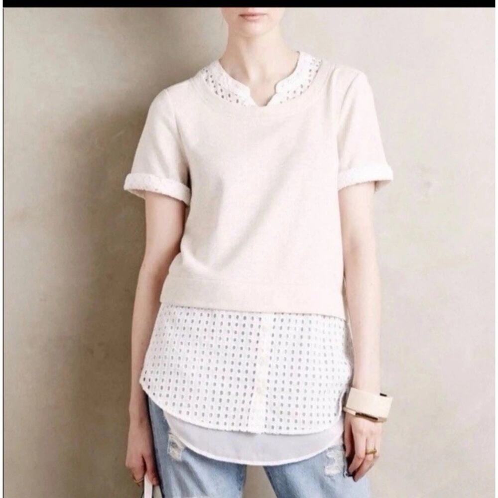 Anthropologie Boho Artsy Layered Eyelet Top Shirt Sleeve Tunic Cotton Med.